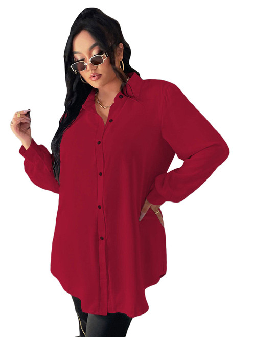 MakeMeChic Women's Plus Size Long Sleeve Button Down Shirt Solid Long Blouse Burgundy 4XL