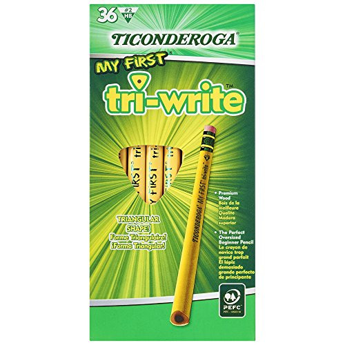 Ticonderoga Wood-Cased My First Tri-Write Pencils, #2 HB Soft, With Eraser, Yellow, 36 Count (13082)