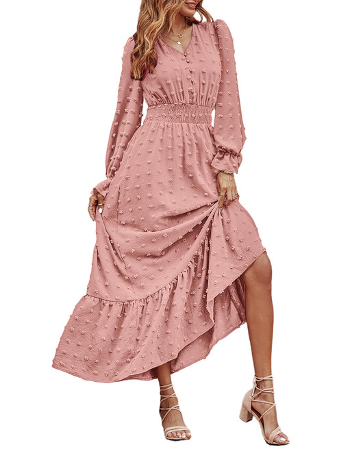 MASCOMODA Women Boho Maxi Dress 2023 Long Sleeve V Neck Swiss Dot Smocked High Waisted Button A-Line Ruffle Tiered Fall Long Dress(Large,Pink)