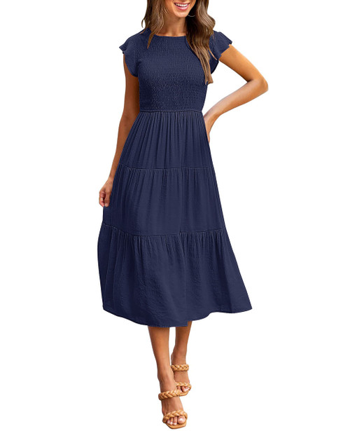 MEROKEETY Women's Summer Smocked Midi Dress Flutter Sleeve Elastic Waist Tiered Midi Long Dress,Navy,S