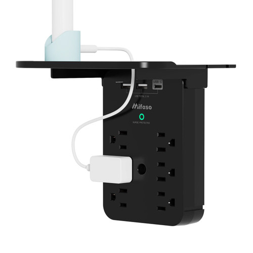 Wall Outlet Extender - Surge Protector 6 AC Outlets Multi Plug Outlet with Shelf, 2 USB and USB C Charging Ports Wall Plug Expander, USB Wall Charger Outlet Splitter for Home (Black)