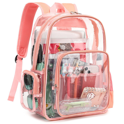 Mimfutu Heavy Duty Clear Backpack School Backpack, PVC Transparent Backpacks See Through Bookbag for Girls Boys Women Men (Pink)