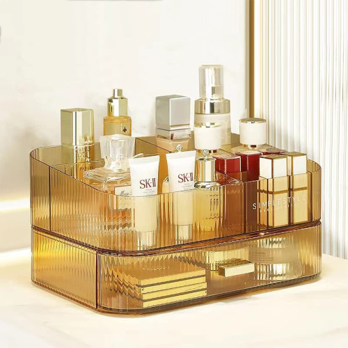 MIUOPUR Makeup Organizer with Stackable Drawers, Bathroom Vanity Organizers and Storage, Ideal for Desk and Dresser Countertops, Great for Cosmetics, skincare, Lipsticks, Nail Care -Amber