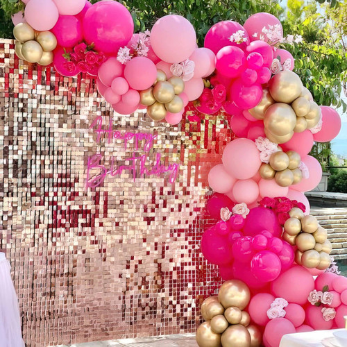 Pink Balloon Garland Arch Kit-122Pcs Hot Pink and Gold Balloons Different Sizes for Princess Themed Birthday Girl's Baby Shower Bridal Shower Wedding Valentine Party Decorations