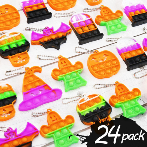 MOREDOTS Halloween Party Favors - Halloween Toys - 24 Mini Pop Bubbles Bulk with Keychain - Stress Relief Sensory Fidget Pack for School Classroom Kids Toddlers Boys Girls 3-5 8-12