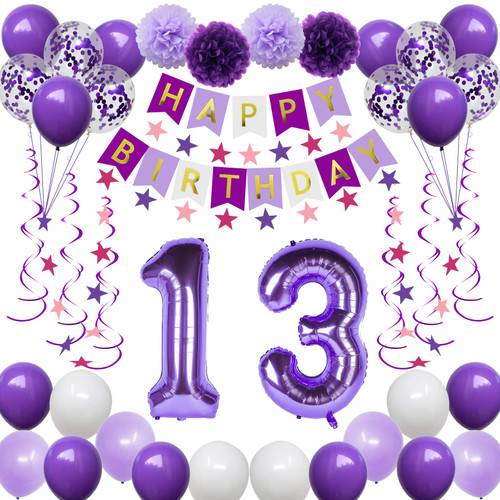 NANINUNENO 13th Birthday Decorations for Girls, Purple 13 Happy Birthday Balloons Supplies Including Purple Happy Birthday Banner, Purple 13 Number Balloons, Purple Pink Star Streamers, Hanging Swirls