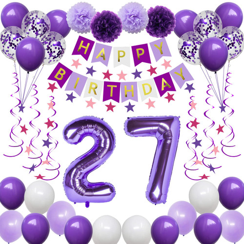 NANINUNENO 27th Birthday Decorations for Girls, Purple 27 Happy Birthday Balloons Supplies Including Purple Happy Birthday Banner, Purple 27 Number Balloons, Purple Pink Star Streamers, Hanging Swirls