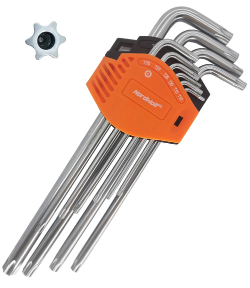 NordWolf 10-Piece Security Torx Wrench Set, Long Arm Tamper Proof Star Keys Made From S2 Steel with Chrome Finish, Sizes T10 to T55