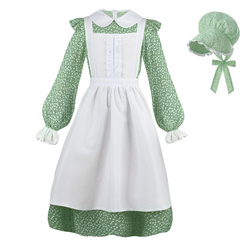 NSPSTT Girl's Pioneer Costume Prairie Floral Colonial 1800s Dress, Long Sleeve Green, XXL