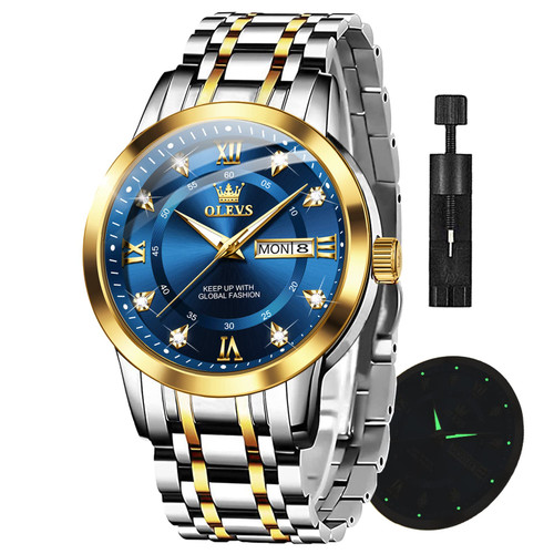 OLEVS Mens Watch with Blue Face Silver and Gold Watch Mens Stainless Steel Luxury Diamond Watch for Men Waterproof Mens Watch with Date and Day Wrist Watch for Men Dress Men Watches