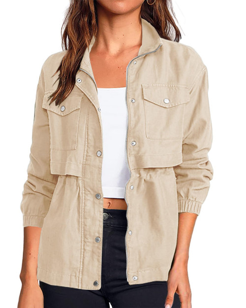 Onedreamer Womens Zip Up Military Safari Anorak Jackets Lightweight Cargo Utility Jackets Casual Spring Fall Jacket with Pockets (Beige,2XL)