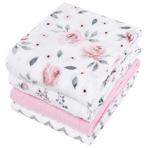 PHF 4 Pack 100% Cotton Baby Muslin Swaddle Blankets, Super Soft Breathable Comfy Baby Swaddle Wrap Set, Receiving Blanket for Infant Baby Girls&Boys, Floral/Flower/Pink/Wave PHF 4 Pack 100% Cotton Baby Muslin Swaddle Blankets, Super Soft Breathable Comfy Baby Swaddle Wrap Set, Receiving Blanket for Infant Baby Girls&Boys, Floral/Flower/Pink/Wave