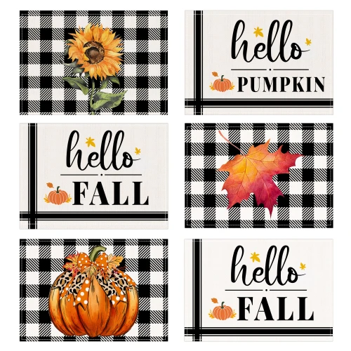 Pinata Fall Placemats, Hello Fall Kitchen Decor, Rustic Yellow Autumn Harvest Placemats Set of 6 for Kitchen Dining Room Table Decoration, Decorative Fall Thanksgiving Rectangle Pumpkin Placemat