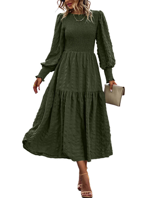 PRETTYGARDEN Women's Boho Puff Long Sleeve Crewneck Smocked Tiered Maxi Dress Solid Print Ruffle A-line Flowy Long Dress(Army Green,X-Large)