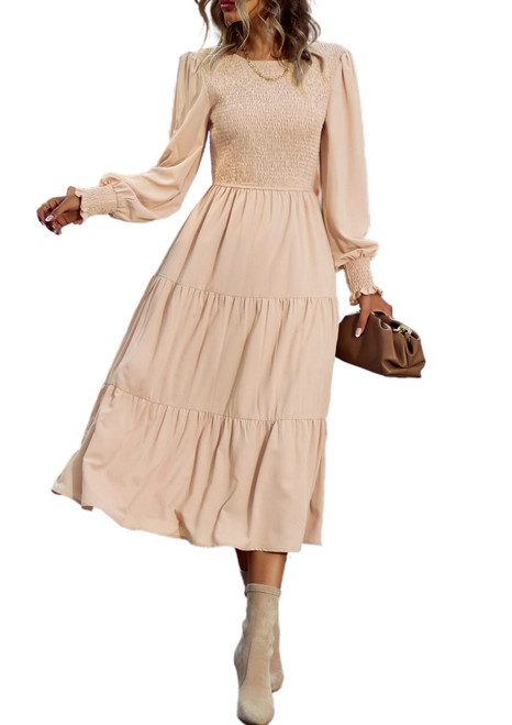 PRETTYGARDEN Women's Fall Puff Long Sleeve Crewneck Smocked Tiered Midi Dress Solid Color Chiffon High Waist Flowy Long Dress(Solid-Khaki,X-Large)