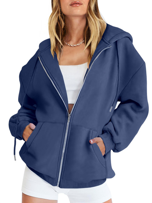 Prinbara Women's Hoodies 2023 Fall Fleece Jacket Cute Teen Girl Tops Casual Long Sleeve Sweatshirts Zip Up Y2k Hoodie Trendy Clothes 9PA89-dianlan-XL Navy Blue