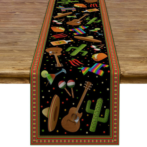 Cinco de Mayo Table Runner Mexican Fiesta Cactus Pinata Sombrero Taco Themed Holiday Party Kitchen Dinning Home Decoration Cinco de Mayo Table Runner Mexican Fiesta Cactus Pinata Sombrero Taco Themed Holiday Party Kitchen Dinning Home Decoration