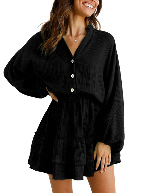 RAISECOM Women's Dress V Neck Long Lantern Sleeves Ruffle Tiered Solid Swing Mini Dress Black