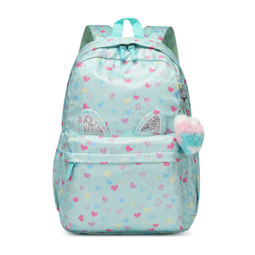 Kids Backpack Girls And Boys Green Waterproof Large Space School Backpack Suitable for Age for Over 6 Years old Lightweight Travel Cat Ear Heart Keychain Children Backpack?Pink Green Peach Heart)