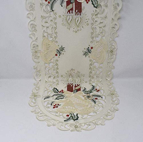 Sainty H8675/R-(16x45) Candles & Bells-Red Oval Table Runner, 16" x 45", Cream