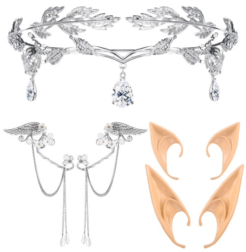 Sanfenly Fairy Elf Costume Accessories for Women Rhinestone Leaf Headband Crown Elf Ears Elf Earrings for Halloween Cosplay Sanfenly Fairy Elf Costume Accessories for Women Rhinestone Leaf Headband Crown Elf Ears Elf Earrings for Halloween Cosplay