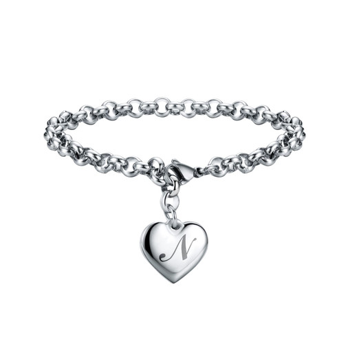 SANNYRA Initial Charm Bracelets Stainless Steel Heart 26 Letters Alphabet N Bracelet for Women Valentine's Day Gifts