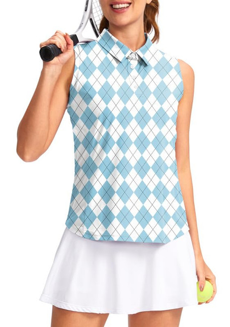 SANTINY Women's Sleeveless Golf Shirt Collared Button-Down Polo Shirts Quick Dry Golf Tennis Tank Tops for Women (Blue Argyle_S)