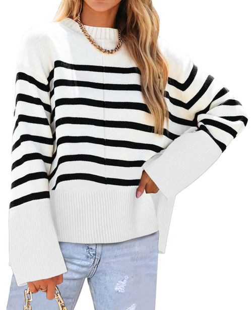 Womens Sweaters Casual Crew Neck Fashion Wide Ribbed Cuff Knit Tunic Pullover Oversized Solid Jumper Tops Side Split