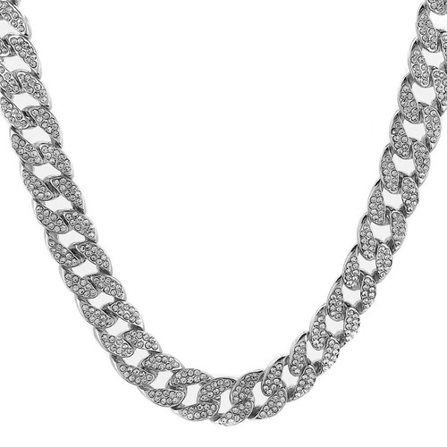 Mens Iced Out Hip Hop Silver tone CZ Miami Cuban Link Chain Choker Necklace (30")