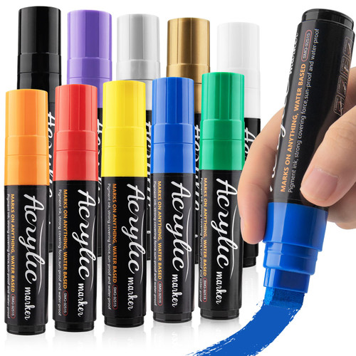Acrylic Paint Markers - 10 Jumbo Colored Markers, 15mm Jumbo Felt Tip, Waterproof and Permanent Ink Acrylic Paint Marker Pens for Rock Painting, Stone, Ceramic, Glass, Wood, Canvas, Outdoor Paintings