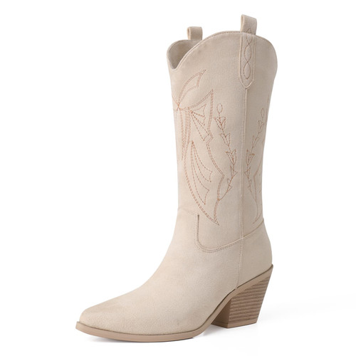 Shoe'N Tale Cowboy Boots for Women Western Cowgirl Boots Embroidered Pointed Toe Mid Calf Boots with Chunky Block Heel (8,Beige)