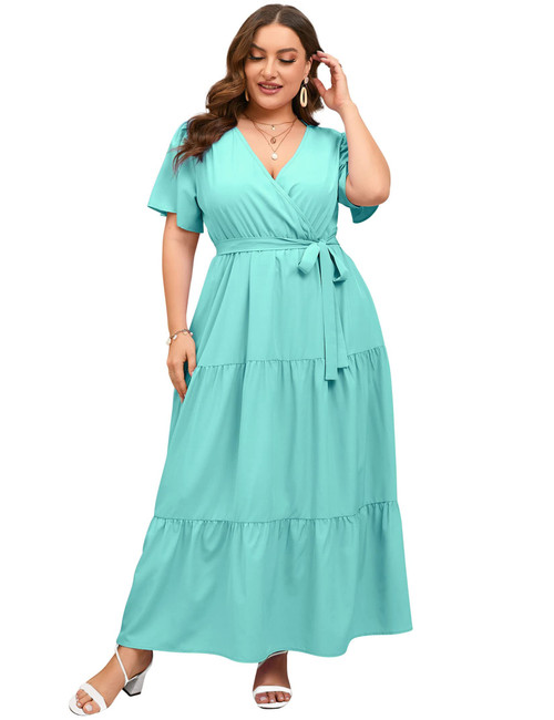 ShopWonder Womens Plus Size V Neck Wrap Maxi Dress High Waist Ruffle Summer Casual Dress with Belt Solid Light Green 3XL