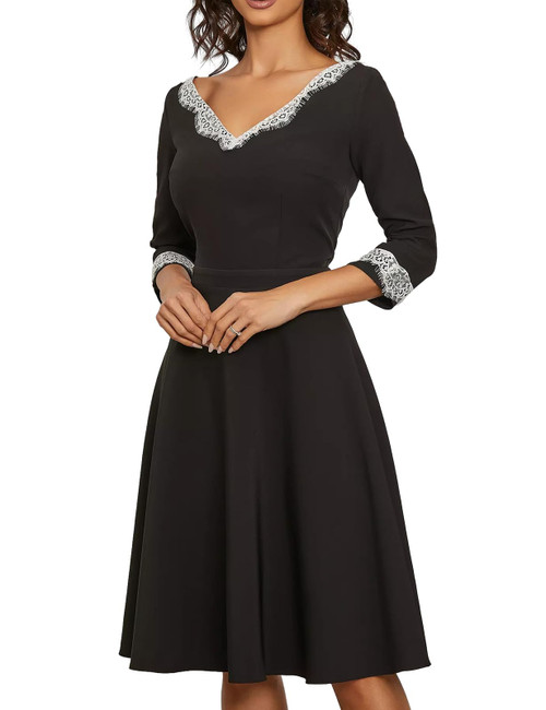 Simple Flavor Women's 3/4 Sleeve Vintage Midi Dress V-Neck Flared Swing A-line Party Work Dress(3317HS,L) Black