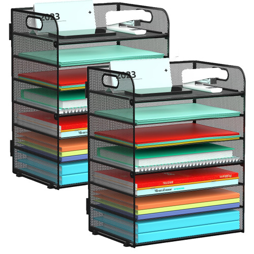 Sinboun 2 Pack Letter Tray Paper Organizer 7-Tier Mesh Desk File Organizer Paper Sorter Holder with Handle, Metal Desktop Document Shelf Tray for Letter/A4 Office Classroom Organization