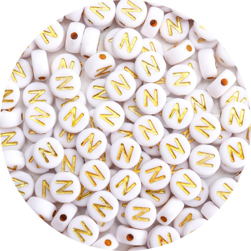 Siomia 100Pcs Letter Beads 4x7mm White Round Acrylic Gold Alphabet Beads Letter N Beads for Jewelry Making DIY Bracelets Necklaces Key Chains