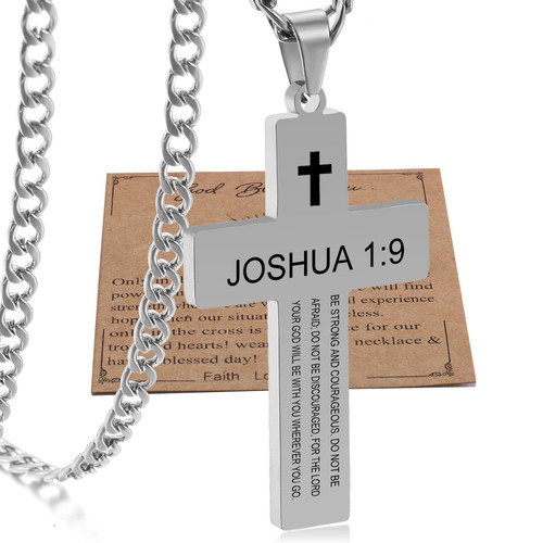 SKQIR Inspirational Cross Necklace for Men with Bible Verse Joshua 1 9,Silver Bible prayer Cross Pandent Necklace for boys with Scripture Encourage Gift