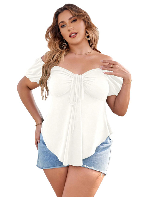 SOLY HUX Women's Plus Size Off Shoulder Tie Front Short Sleeve Curved Hem T Shirt Tops Plain White 1XL SOLY HUX Women's Plus Size Off Shoulder Tie Front Short Sleeve Curved Hem T Shirt Tops Plain White 1XL