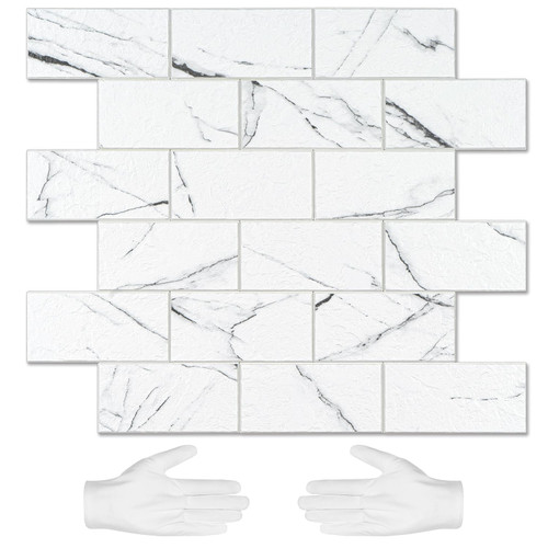 STICKGOO 10-Sheet Subway Tile Peel and Stick Backsplash, White Marble Vein Slate Kitchen Backsplash Wall Tile, PVC Stick on Backsplash for Kitchen