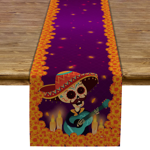 Sugar Skull Table Runner Mexico Dia De Los Muertos Marigold Coco Rustic Linen Day of The Dead Altar Decoration for Home Kitchen Dining Room -13x72 inch