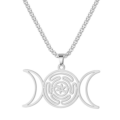 TEAMER Stainless Steel Triple Moon Goddess Amulet Wicca Pentagram Necklace for Women Men Pagan Jewelry (Silver-Type C)