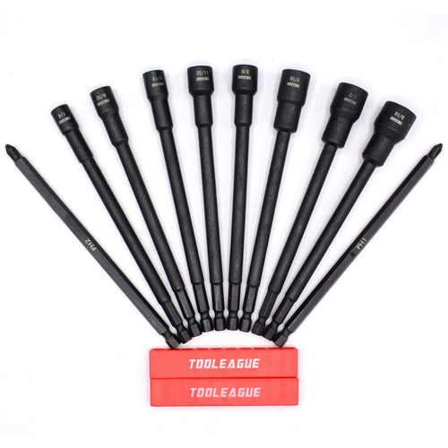 TOOLEAGUE 10pc Impact Nut Driver Tool Set, 1/4 IN Hex Shank SAE 6 IN Long Shank Nut Driver Bits Magnetic Tip Sockets