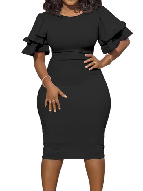 Plus Size Midi Pencil Dress for Women Elegant Ruffle Sleeve Round Neck Bodycon Cocktail Party Formal Dress Black 5X