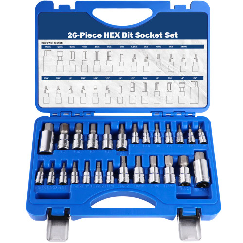 UYECOVE Hex Bit Socket Set, S2 Alloy Steel | 26pcs-Piece 3/8 Drive Allen Socket Set SAE and Metric Allen Head Socket Set 5/64''-9/16'' 2mm-14mm | Enhanced Storage Case
