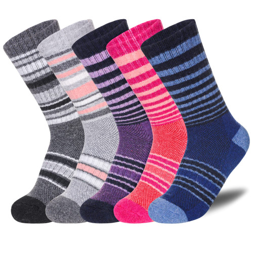 Women Hiking Socks Merino Wool Winter Warm Thermal Work Boot Cushioned Cozy Crew Socks 5 Pairs(Stripe-B)