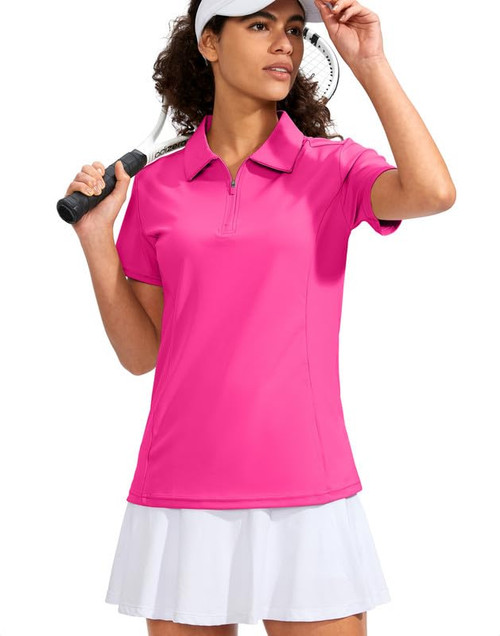 Viodia Women's Golf Shirt Short Sleeve with Zip Up Quick Dry Stretch Tennis Collared Polo Shirts for Women Golf Apparel Clothes Rose