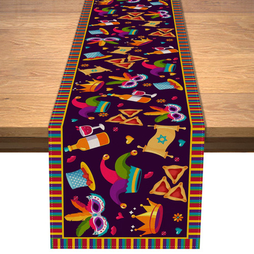 Vohado Happy Purim Table Runner Jewish Holiday Carnival Party Circus Clown Table Cover Hamantaschen Hat Masque Gragger Tablecloth Linen for Indoor Outdoor Birthday Holiday Party Table Decor Vohado Happy Purim Table Runner Jewish Holiday Carnival Party Circus Clown Table Cover Hamantaschen Hat Masque Gragger Tablecloth Linen for Indoor Outdoor Birthday Holiday Party Table Decor