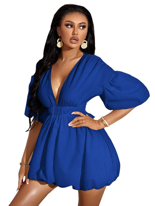 WDIRARA Women's Deep V Neck Puff Sleeve High Rise Flare Dress Elastic Waist Dress Royal Blue L