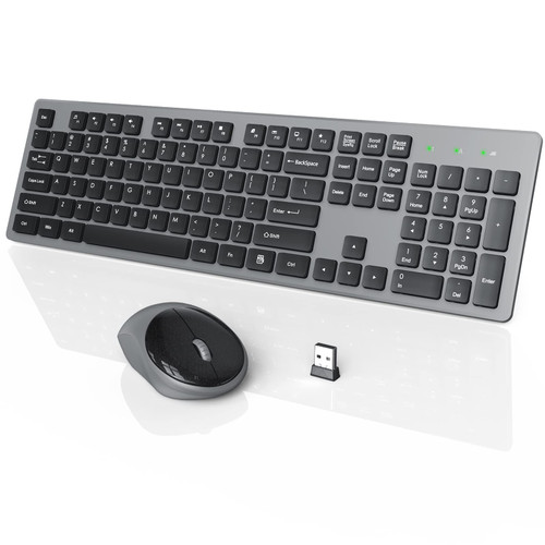 Wireless Keyboard and Mouse, WisFox Full-Size Wireless Mouse and Keyboard Combo, 2.4GHz Silent USB Wireless Keyboard Mouse Combo for PC Desktops Computer, Laptops, Windows (Black and Grey)