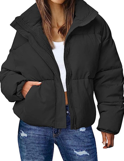 Wyeysyt Women's Winter Zip Cropped Puffer Jacket Long Sleeve Warm Short Down Coats Stand Collar Quilted Jacket with Pockets(Black-L)