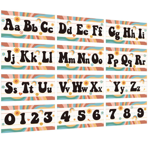 12Pcs Retro Classroom Alphabet Number Bulletin Board Set, Groovy ABC Alphabet Card and 0-9 Number Posters Decor with Glue Point for Preschool Kindergarten Classroom and Teachers Wall Decorations